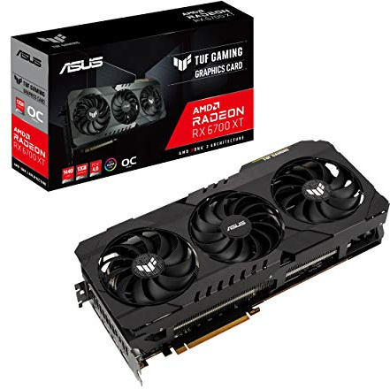 ASUS TUF Gaming AMD Radeon RX 6700 XT OC Edition Graphics Card AMD RDNA 2, PCIe 4.0, 12GB GDDR6, HDMI 2.1, DisplayPort 1.4a, Dual ball fan bearings, all-aluminum shroud, reinforced frame, GPU Tweak II