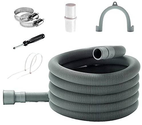 Universal Washing Machine Drain Hose Extension - 10 Ft Washer Discharge Hose - Corrugated and Flexible Washing Machine Drain Hose Replacement with Holder, Extension Adapter and Clamps
