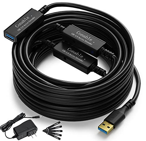 USB 3.0 Active Extension Cable 75 Feet, Long USB Type-A Male to Female Extender Cord, Built-in 3 Signal Booster Smart Chips, 5Gbps Transfer, Black USB Extension Cable with an AC Power Adapter (5V 2A)