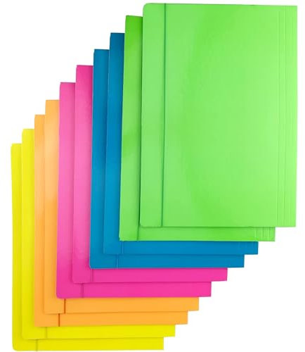 D.RECT 10 Stück (2 Stück Pro Farbe 5x2) FLUO Sammelmappe Aus Karton | Einschlagmappe Mit Gummi | Mappe Mit Gummiband Für Din A4 | 3 Klappen 350g, Schnellhefter Bunt Sortiert