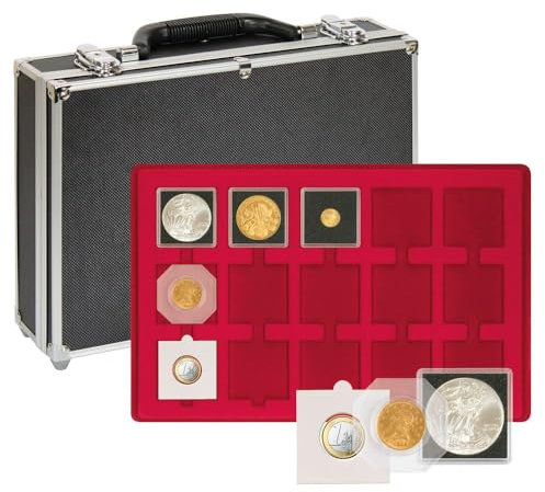 LINDNER Das Original Großer Münzen-Sammelkoffer mit 8 roten Münztableaus für 120 Münzrähmchen 50x50 mm