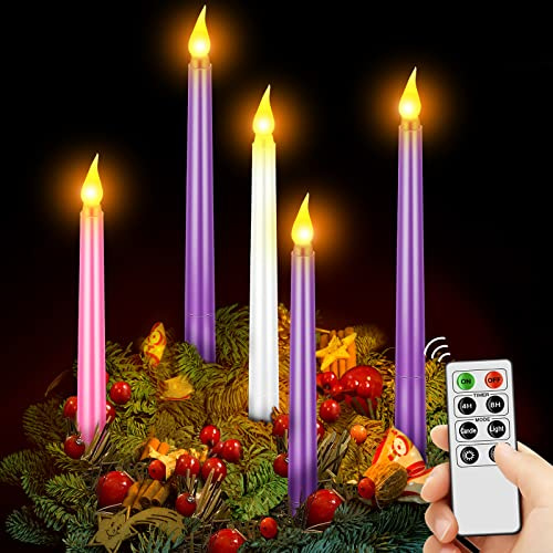 5 Pcs LED Flameless Advent Candle Set With Remote - Christmas Seasonal Celebration Candles, Purple Pink White Taper Candles for Church Wreath (Simple With Remote)
