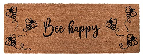 100% Natural Coir Door Mat 125 x 40cm Indoor Outdoor Non-Slip Backing Long Decorative Welcome Doormat for Hallway Foyer Dirt Trapper Large Entrance Runner [Bee Happy]