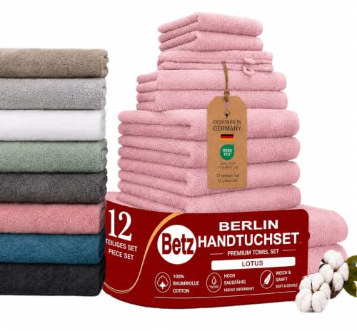 Betz Berlin Handtuch-Set 12-teilig – 100% Baumwolle – Oeko-TEX® Zertifiziert – extra saugfähig & weich – hohe Grammatur – Duschtücher, Handtücher, Gästetücher & Waschhandschuhe Farbe Lotus