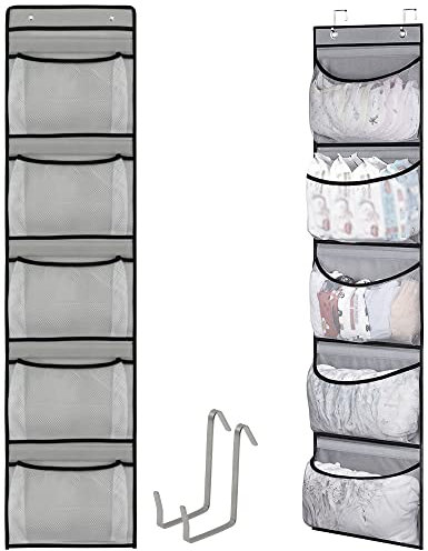 duozoanz Aufbewahrungstasche Hängeorganizer Aufbewahrungsnetz Hängeregal Hängeaufbewahrung - Über der Tür Organizer mit 5 Großen Taschen und 2 Haken für Stofftier Spielzeug Badezimmer, Grau