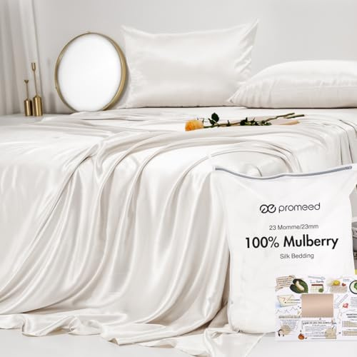 PROMEED 100% Pure Mulberry Silk Sheets White King Size Bed Set, Ultra Soft 23 Momme Grade 6A+ Natural Silk Bed Sheet Set 4PCS (White, King)
