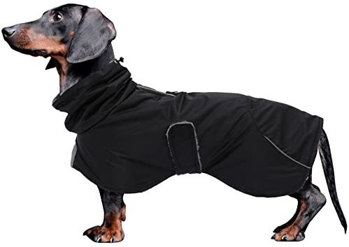 Dachshund Coats Waterproof, Perfect for Dachshunds, Sausage, Weiner Dog Winter Coat with Padded Fleece, Puppy Snowsuit with Adjustable Bands and High Vis Reflective Trim - Black - L