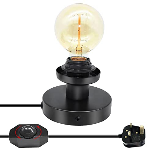 Industrial Table Lamp Base,Black Polished Metal Desk Lamp Base,4.7IN E26 E27 Lamp Holder,Retro Creative Night Lights,Edison Bedside Table Lamps with 7.2FT Lamp Cord Dimmer Switch,for Desk, Wall Light