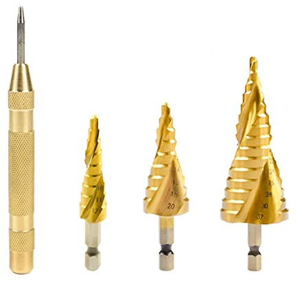 BAtlam Schneidbohrer, Stufenkegelbohrer, Sechskantschaft, 4–12, 4–20, 4–30 mm, Metall-Lochschneider mit Körner, T-Itan-beschichteter HSS-Metallbohrer (Farbe: 3 Stück mit Tasche) (4-teiliges Set)