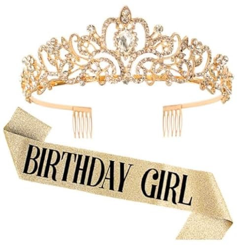 DRESHOW Couronne Anniversaire et Écharpe pour Femmes Ceinture pour Fille D'anniversaire et Diadème en Strass Décorations D'anniversaire Accessoires pour Les Cheveux, Ceinture Pailletée pour La Fête