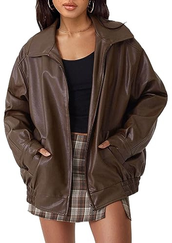 AUTOMET Women's Oversized Faux Leather Jacket - Fall Motorcycle Style Coat with Zipper Closure Brown S
