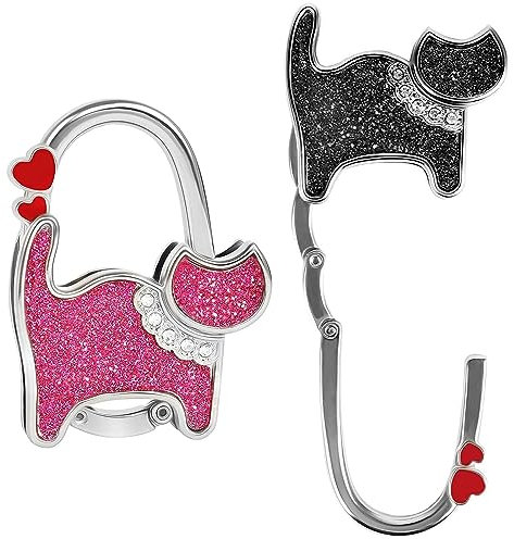 YAKLEE Fickhållare för bord 2 stycken katthandväskehållare krokar vikbara fickkrokar metall handväskhållare för bord handväskor hållare bord handväska krokar för kvinnor (rosa, svart)