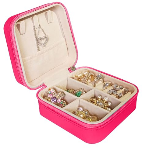 Jemjosh Small Travel Jewelry Box, Portable Mini Jewelry Leather Box Jewelry Ring Organizer Case Storage Holder Gift Boxes for Girls Women, hot pink