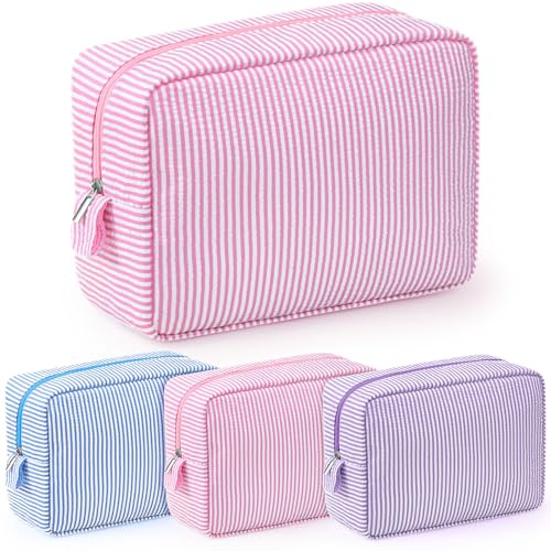 Sanwuta 3 Pcs Seersucker Makeup Bags, Pink, Light Blue, Purple