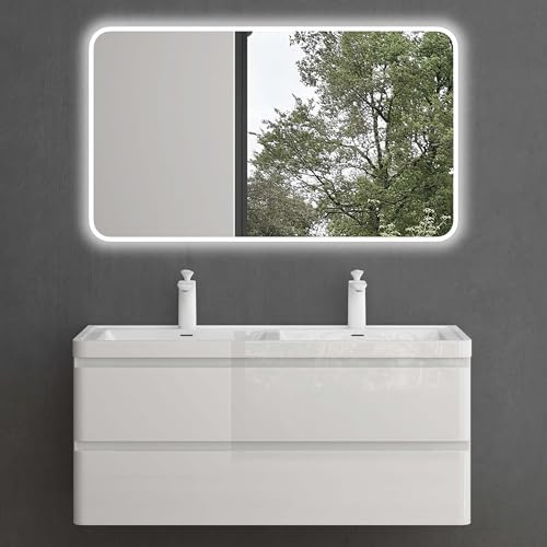 Mai & Mai Badmöbel-Set Waschbeckenunterschrank 120x48x55cm in Weiß mit Softclose Schubladen inkl. Mineralguss Waschbecken und LED-Spiegel Lucca