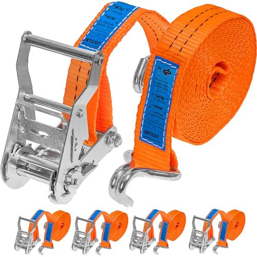 INTAKO Cinghia a Cricchetto 2000kg x 4m x 35mm - 4 Pezzi - Cinghie di Fissaggio per Moto - Cinghie di Tensione con Cricchetto Arancione - Conforme alla Norma EN 12195-2 TÜV GS