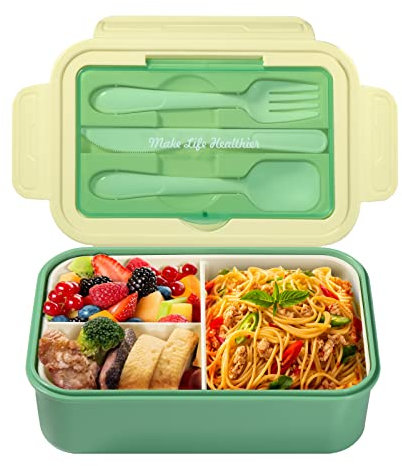 Diboniur Porta Pranzo, Lunch Box con Posate, 1400ml Schiscetta Pranzo Bento Box con 3 Scomparti Contenitore Pranzo Ufficio Microonde (Verde)