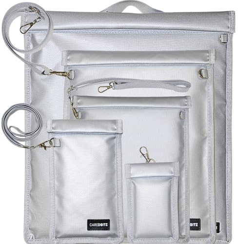Caredgitz Faraday Bag 5 Pack - Extra Large Faraday Cages for Laptop, Tablet, Phone, Key Fob - Portable EMP Proof Faraday Pouches with Lanyard - Fire-Retardant, Water-Resistant | Faraday Cage with Handle, Faraday Pouch w/ Strap, Faraday Key Fob Protector, RFID Blocker, Car Key & Tablet, Anti-Hacking