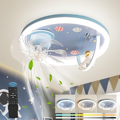 KZT LED Deckenlampe mit Ventilator Dimmbar Leise Deckenventilator mit Licht und fernbedienung 360° Drehbar Kreative Astronaut Fan Deckenleuchte für Schlafzimmer Jugendzimmer Kinderzimmer Lüfter Lampe