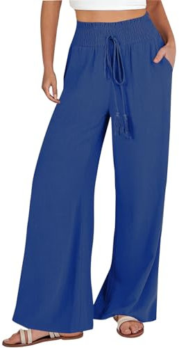 AMhomely Palazzo-Hose mit weitem Bein für Damen, legere Sommerhose, elastische Taille, Kordelzug, Palazzo-Hose, einfarbig, lässig, Loungehose, Baggy, Basic, Strandhose, Urlaub, 02 blau, XL