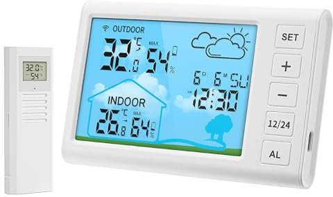 Wireless Weather Station with Outdoor Sensor Luckits Digital Weather Station Weather Forecast/Time/Calendar/Alarm/Temperature Humidity Indoor Outdoor Thermometer Wireless Weather Clock in Home Garden