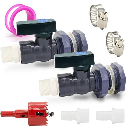 2 Stück Regentonne Zapfhahn Set PVC Regentonnen Ventile(25mm+16mm) mit Schottverschraubung und Schlauchadapter und Lochsäge Schlauchschellen Wasserhahn Regentonne Set für Aquarien, Pools, Gartenfässer