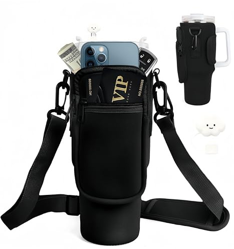 Alluring Flaschenhalter mit Tasche für Stanlley Cup 40oz, Schwarz Wasserflaschen-Tragetasche mit Verstellbar Schultergurt und Front Reißverschluss, mit 1 Wiederverwendbarer Strohhalm Deckel