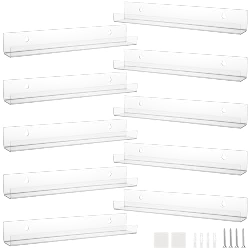 MAKTSAM Set of 10 Clear Acrylic Wall Floating Shelves, 12 Wall Mounted Acrylic Shelf Display Ledge Shelves for Book/Photo/Picture/Makeup in Bedroom, Living Room, Bathroom, Kitchen