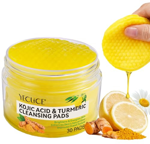 Kojic Acid and Turmeric CleansingPads, 30 PCS Exfoliating Face Wipes, Chamomile and Lemon Exfoliator Pad for Acne Scars and Unclogging Pores