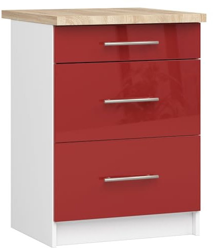 AKORD | Küchenschrank mit Arbeitsplatte - Oliwia S60 | Küchenunterschrank mit 3 Schubladen | Unterschrank Küche 60 cm Breit | ABS-Kante 18 mm | 46 x 60 x 85 cm | Weiß & Rot Glanz