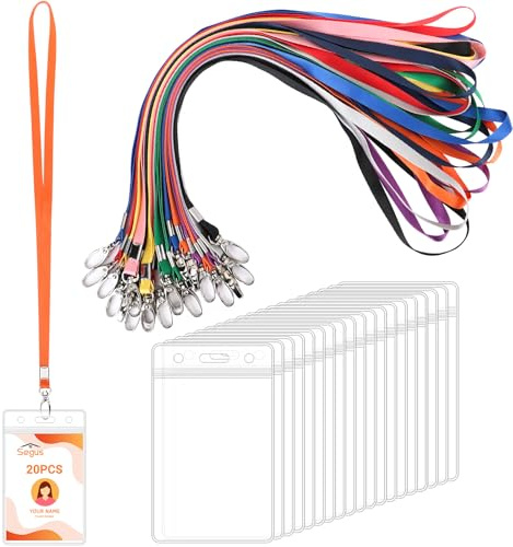 Segus Lanyard Tarjeta, 20 Piezas Colgante Llaves Cuello con Funda Plastico Tarjeta, Cuelga Llaves Cuello, Portatarjetas Identificación Transparente, para Enfermeras, Estudiantes (Vertical)