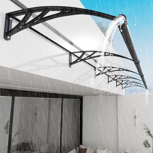 GUANSU-CN Vordach für Haustür, 300x100cm Fenstervordach mit Entwässerung, Transparente Polycarbonat-Überdachung 5 mm – UV-beständig, Regen- und Schneesicher, Geeignet für Veranda/Fenster/Terrassen
