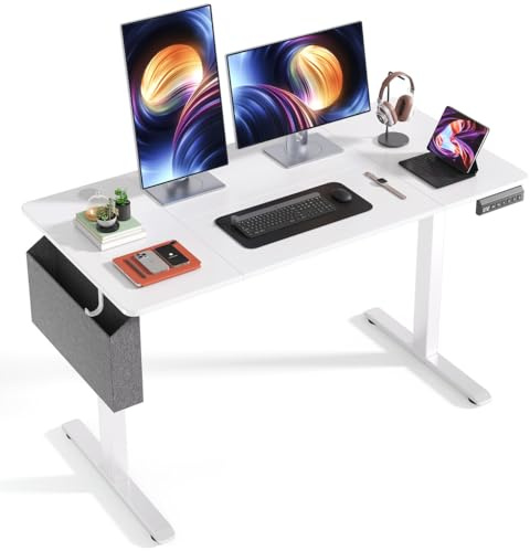 Xbro Höhenverstellbarer Schreibtisch 120 x 60 cm, Elektrisch Schreibtisch Höhenverstellbar mit 4 Memory-Funktion, Gaming Tisch mit Kabel Management Tray, Seitentasche und Haken, Weiß