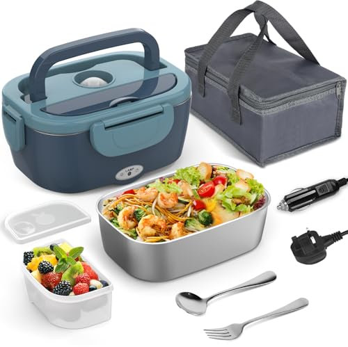 WisaKey Electric Lunch Box 80W, 12V/24V/230V Upgraded Large 1.5L Heated Lunchbox Heating Food Warmer with Insulated Bag Fork Spoon 0.45L Fruit Container for Car Truck Office