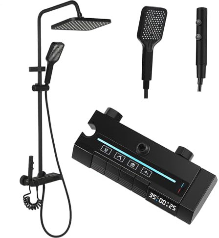 BPMIO Colonne de Douche Thermostatique 4 Sorties avec Écran Température, Corps en Aluminium Spatial, Pression d’Air, Réglable en Hauteur,Douchette à Main avec 3 Types de Jets,Système de Douche Moderne