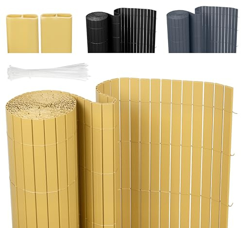 Ribelli® PVC Sichtschutzmatte mit Steg, Sichtschutzzaun ohne Bohren, Sichtschutz Zaun mit Kabelbindern, Windschutz Wetterfest für Garten, Balkon und Terrasse (90 x 300 cm, Bambus)