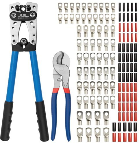 Joyumy Kit di crimpatura per capicorda della batteria, pinza crimpatrice AWG 10-1/0, strumento crimpatore per cavi batteria con tagliacavi, 64 capicorda in rame, 70 tubi termorestringenti
