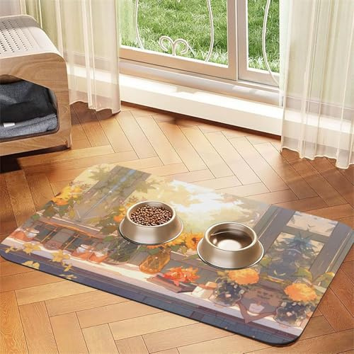 40x60cm Sunflowers Under The windowsill Print Pet Absorbent Feeding Mat - Quick Dry Food Pad/Leather Placemat, for Dog Cat Food Bowl Water