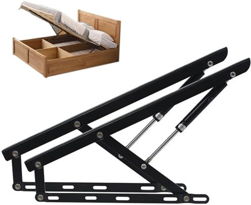 Juego de mecanismos elevables para Cama, Pack 2 Sistema de elevación con amortiguadores, bisagras + resortes de Gas para canape abatible, Movilidad para Cama Abatible, Acabado en Negro(90cm/35.4in)