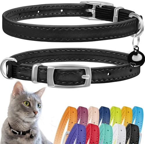 Leder-Katzenhalsband mit Glöckchen – Kätzchenhalsband, kleine und große Katzengurt für Jungen, Mädchen, Katzen mit Sicherheitsgummiband (Halsumfang 20,3 cm - 27,9 cm, Schwarz)