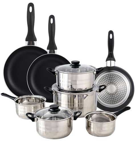 Well Home Set de Batería de cocina de 8pc en acero inoxidable + 3 Sartenes Ø16Ø20Ø24cm Negro en aluminio prensado