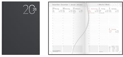 Idena 12038 - Wochenkalender 2026 im Format 17 x 24 cm, 1 Woche auf 2 Seiten, Terminplaner mit wattiertem Hardcover-Einband in Schwarz und Leseband
