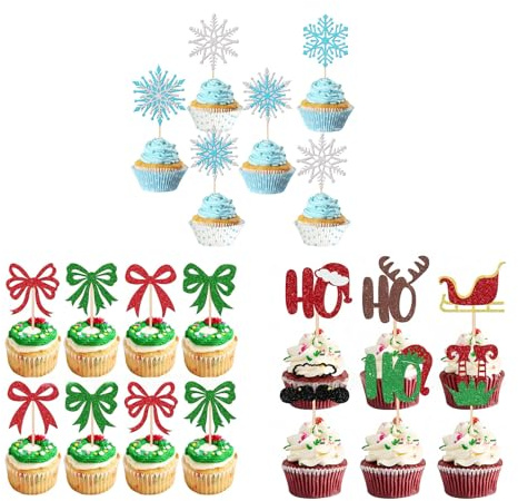 36 Stück Frohe Weihnachten Cupcake Toppers, Schneeflocke Tortendeko, Weihnachtsschleifen Cupcake Topper, Merry Christmas Tortendeko,für Neujahr Party, Weihnachtsfeier Deko