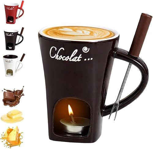 Chocolate Fondue Mug with Forks, Ceramic Butter Warmers Pot Set, Chocolate Melting Cup,Personal Cheese Melting Cup, Fondue Heated with a Tealight, Warmer Mug for Candy Snack Caramel Party (Coffee)