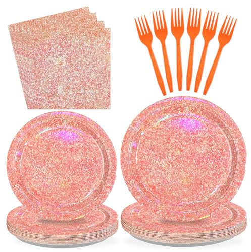 96Pcs Rose Gold Party Plates Iridescent Rose Gold Birthday Decorations Disposable Sprinkle Pink Paper Plates for Girls Women Easter Wedding Birthday Bridal Shower Party Decorations Serves 24