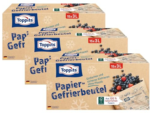 Toppits Papier-Gefrierbeutel - 3 x 3L/ 15 Stück, plastikfrei, nachhaltig, reißfest, fett- und feuchtigkeitsbeständig, Gefrierbeutel aus Papier zum Einfrieren von Lebensmitteln