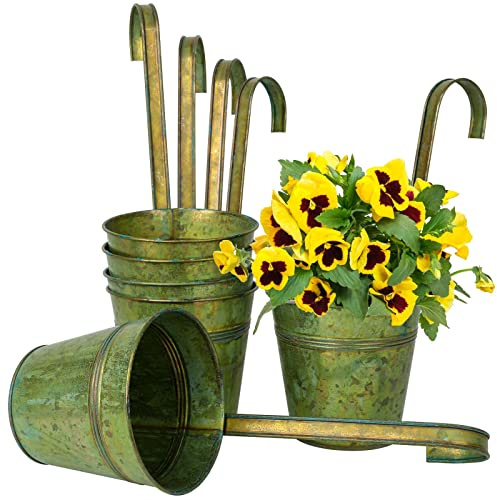 Oairse 6 Pcs Vintage Metal Hanging Plant Pot with Removable Hook, Rustic Iron Flower Bucket Planter, Indoor Outdoor Balcony Fence Hanging Planter for Garden, Patio, Wall Decor (Green, 13cm)