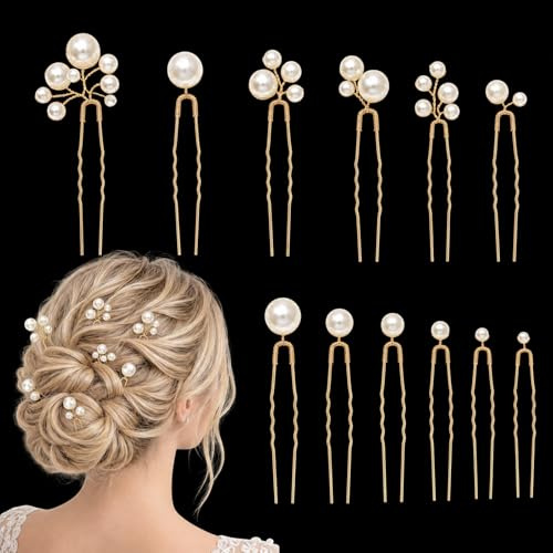 Caelura Haarschmuck Hochzeit Perlen Gold, 12 Stück U-förmige Haarnadeln
