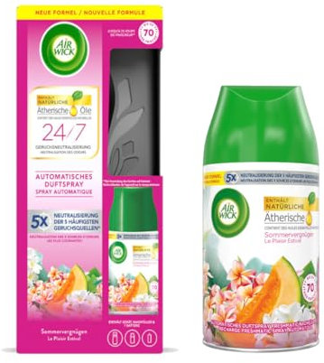 Air Wick Freshmatic Max – Vorteilspack mit Gerät und 2 Nachfüllern – Batteriebetrieben – Duft: Sommervergnügen – 2 x 250 ml Nachfüller + Gerät in Schwarz