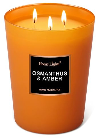 HomeLights Large Jar Candle-33.3 Oz. Natural Soy Aromatherapy Candle | Osmanthus Amber Scent | Up to 130 Hours Burn Time with 3 Cotton Wicks | Home Decorative Fragrance Candle Gift
